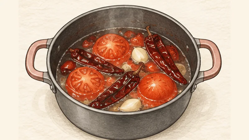 소파 데 토르티야 2단계 '토마토와 고추 삶기'를 보여 주는 조리 삽화.