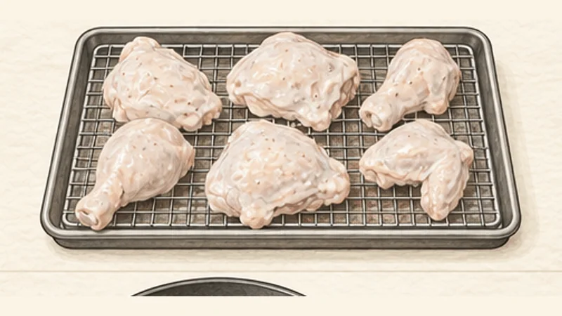 ภาพวาดการปรุงไก่ทอดอเมริกันใต้ ขั้นตอนที่ 4: สะเด็ดน้ำหมัก
