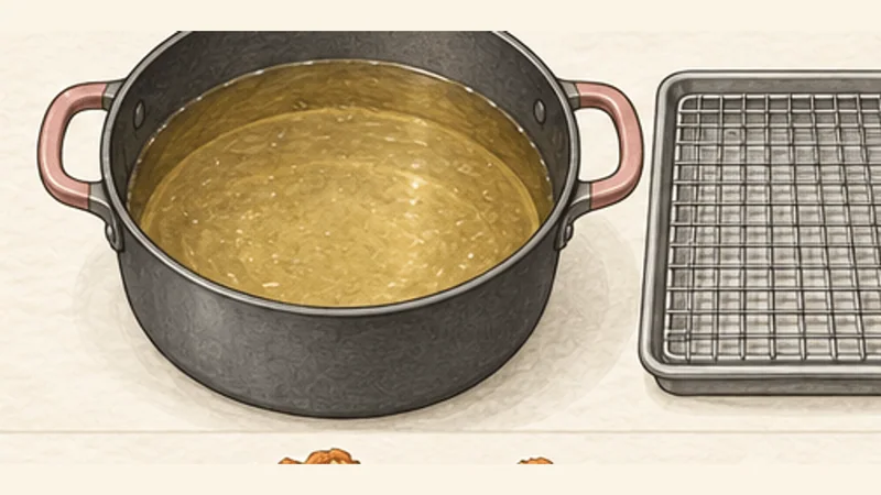 ภาพวาดการปรุงไก่ทอดอเมริกันใต้ ขั้นตอนที่ 7: อุ่นน้ำมันทอด
