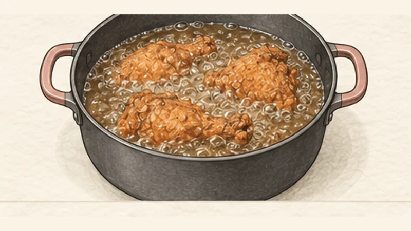 ภาพวาดการปรุงไก่ทอดอเมริกันใต้ ขั้นตอนที่ 8: ทอดชิ้นเนื้อเข้มก่อน