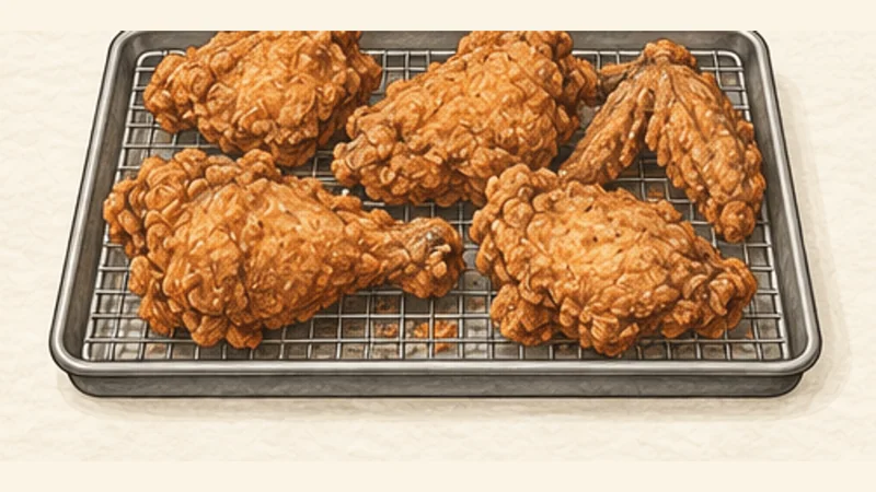 ภาพวาดการปรุงไก่ทอดอเมริกันใต้ ขั้นตอนที่ 10: สะเด็ด พัก และเสิร์ฟ
