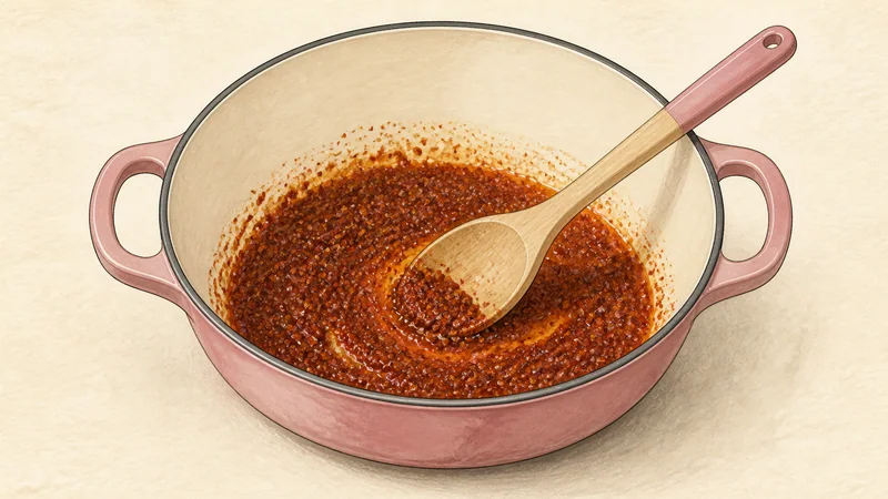 김치 순두부찌개 1단계 '고추기름 내기'를 보여 주는 조리 삽화.