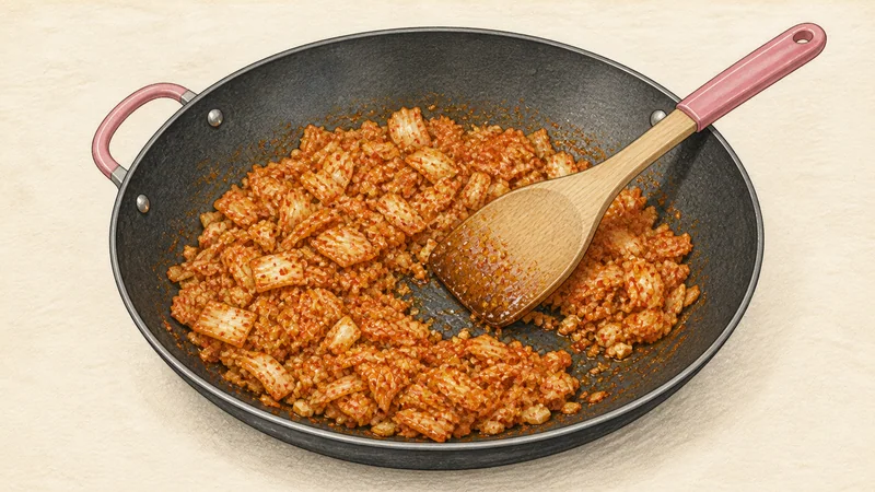 김치 순두부찌개 3단계 '김치와 마늘 볶기'를 보여 주는 조리 삽화.