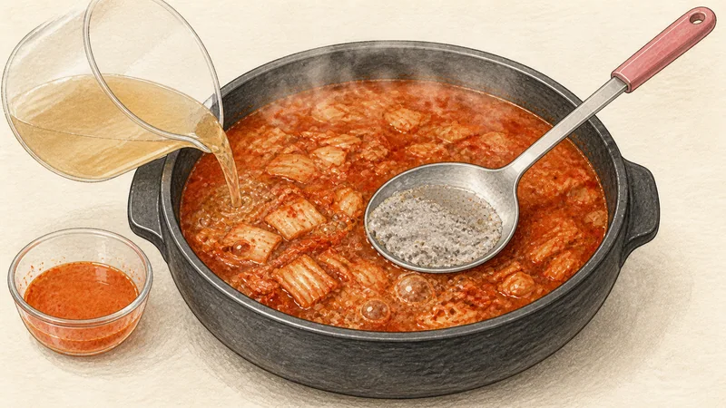 김치 순두부찌개 4단계 '국물 붓기'를 보여 주는 조리 삽화.