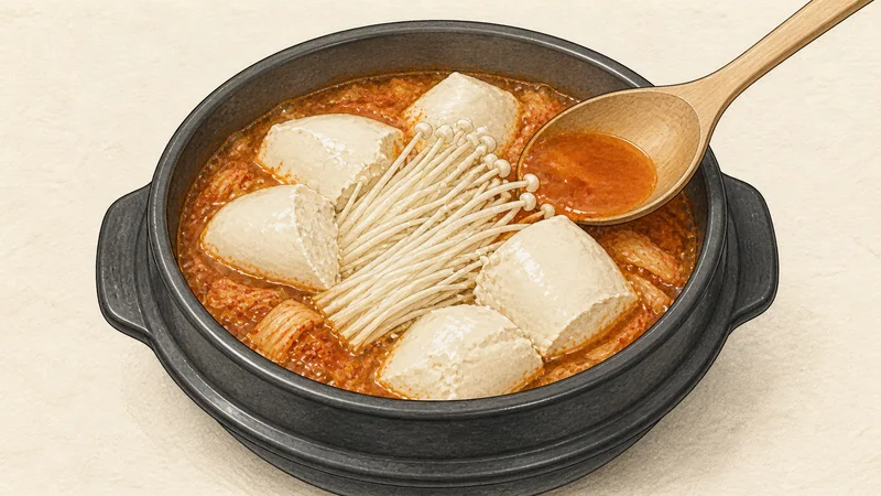 김치 순두부찌개 5단계 '순두부와 팽이버섯 넣기'를 보여 주는 조리 삽화.