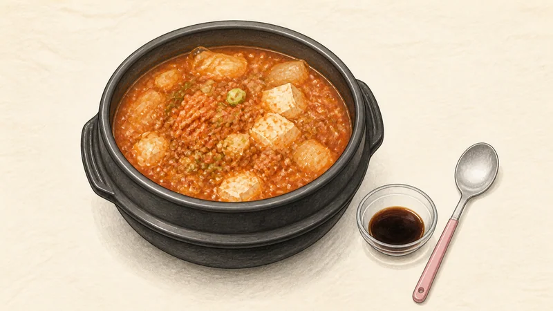 김치 순두부찌개 6단계 '간 맞추기'를 보여 주는 조리 삽화.