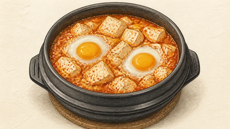 김치 순두부찌개 7단계 '달걀 흰자 익히기'를 보여 주는 조리 삽화.