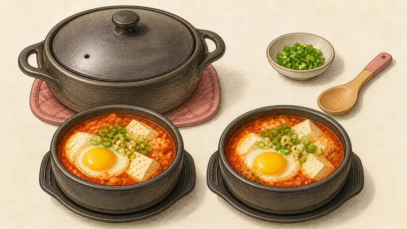 김치 순두부찌개 8단계 '대파로 마무리'를 보여 주는 조리 삽화.