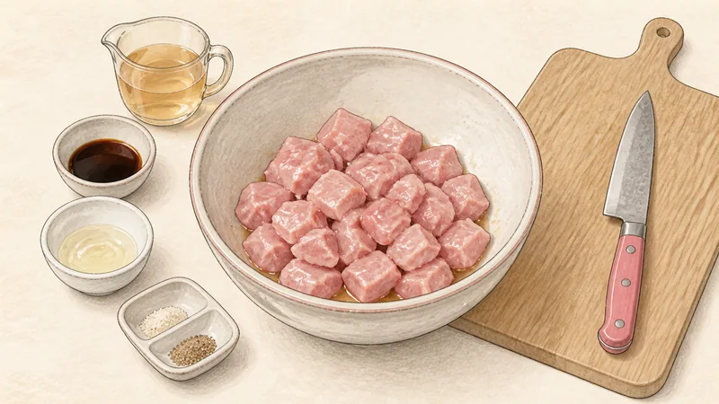 広東風酢豚の手順1「豚肉を下味付けする」を示す調理イラスト。