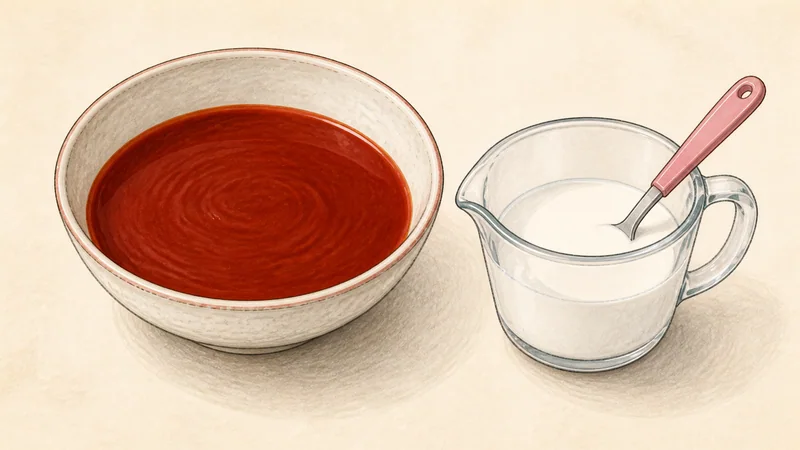 広東風酢豚の手順2「たれと水溶きスターチを作る」を示す調理イラスト。