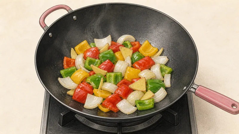 広東風酢豚の手順6「野菜を炒める」を示す調理イラスト。