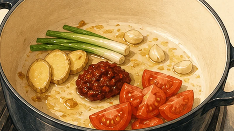 ภาพวาดการปรุงก๋วยเตี๋ยวเนื้อตุ๋นไต้หวัน ขั้นตอนที่ 4: ผัดมะเขือเทศกับเต้าเจี้ยว
