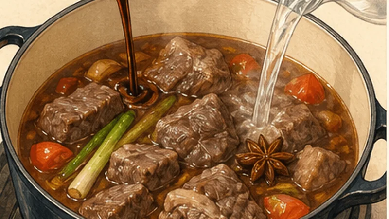 ภาพวาดการปรุงก๋วยเตี๋ยวเนื้อตุ๋นไต้หวัน ขั้นตอนที่ 5: ปรุงน้ำตุ๋น
