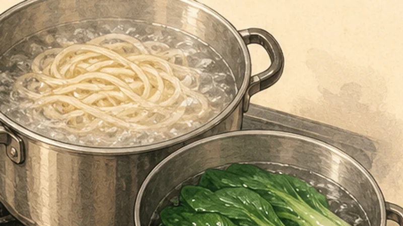 ภาพวาดการปรุงก๋วยเตี๋ยวเนื้อตุ๋นไต้หวัน ขั้นตอนที่ 7: ต้มเส้นและผัก