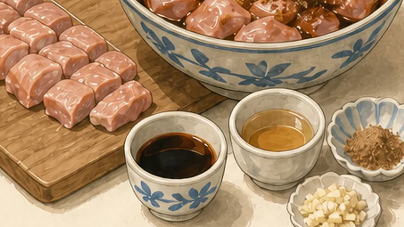 ภาพวาดการปรุงไก่ทอดป๊อปคอร์นไต้หวัน ขั้นตอนที่ 1: หมักไก่