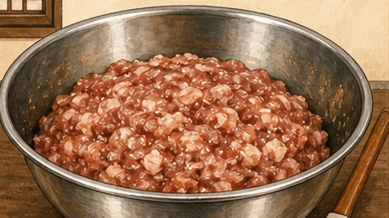 Homemade Taiwanese Sausage, step 3: Mix to a sticky bind.