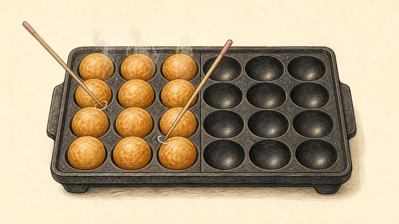 ภาพวาดการปรุงทาโกะยากิ ขั้นตอนที่ 6: หมุนให้กลม