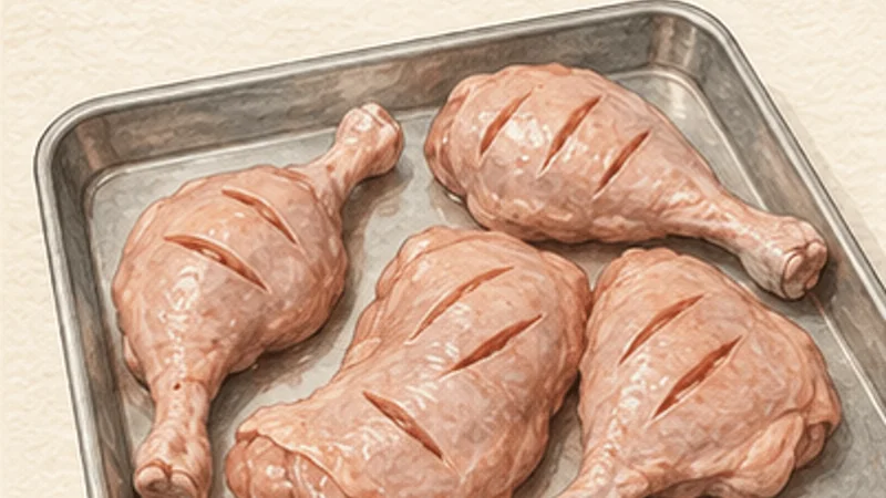 ภาพวาดการปรุงไก่ทันดูรี ขั้นตอนที่ 1: ซับและกรีดไก่