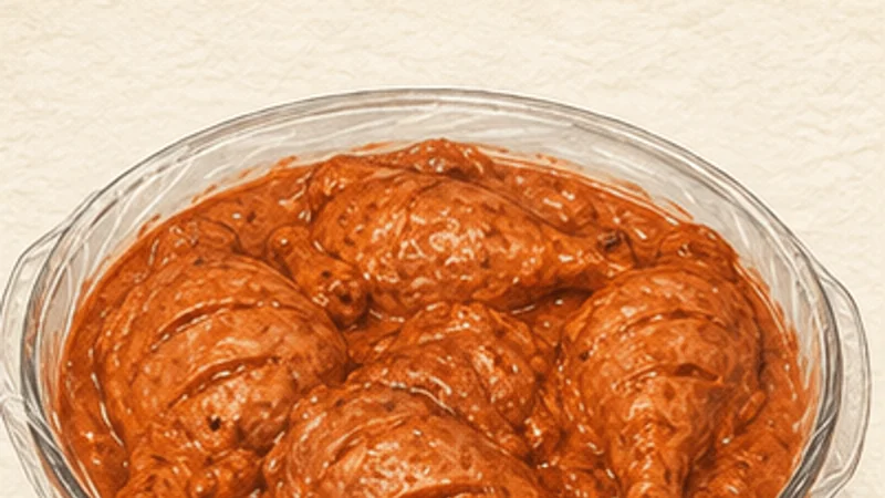 ภาพวาดการปรุงไก่ทันดูรี ขั้นตอนที่ 3: กดน้ำหมักเข้ารอยกรีด