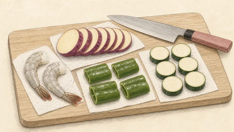 えびと野菜の天ぷらの手順1「具材を切りそろえる」を示す調理イラスト。