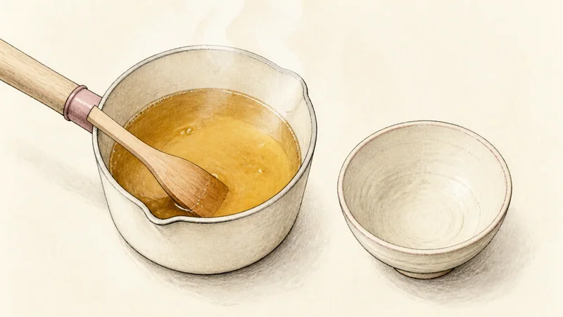 えびと野菜の天ぷらの手順2「天つゆを作る」を示す調理イラスト。