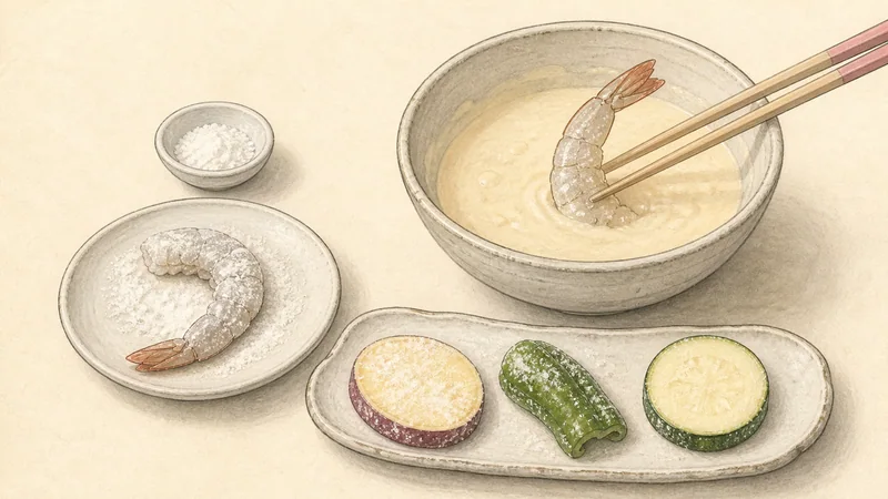 えびと野菜の天ぷらの手順6「粉をまぶして衣を付ける」を示す調理イラスト。