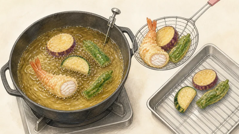 えびと野菜の天ぷらの手順7「分けて揚げ油を切る」を示す調理イラスト。