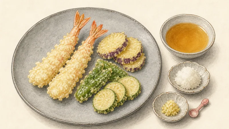 えびと野菜の天ぷらの手順8「天つゆで供する」を示す調理イラスト。