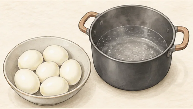 팃 코 쯩 — 돼지고기 달걀조림 2단계 '달걀 완숙으로 삶기'를 보여 주는 조리 삽화.