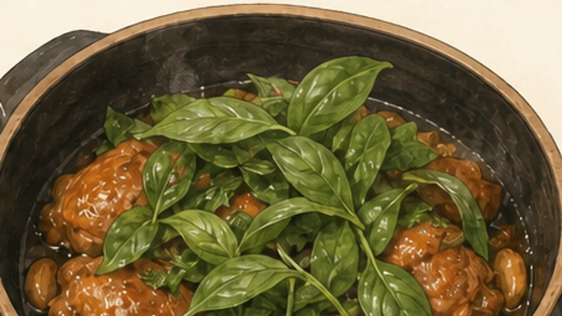 Three Cup Chicken, step 6: Wilt basil off the heat.