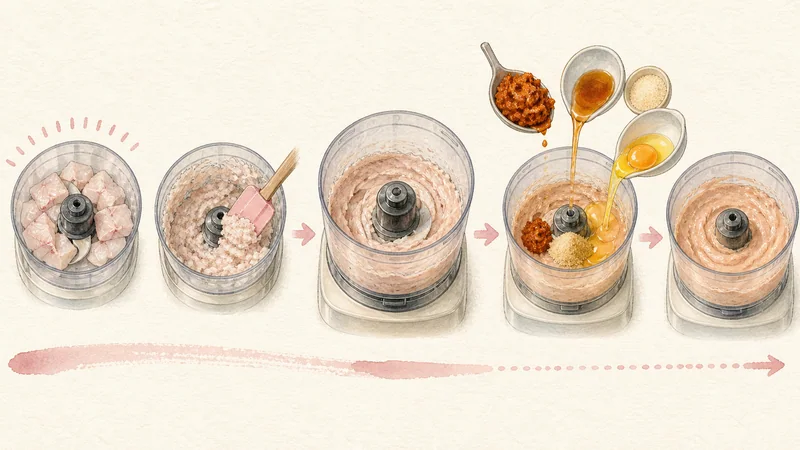 ภาพวาดการปรุงทอดมันปลา ขั้นตอนที่ 2: ปั่นเป็นเนื้อเหนียว