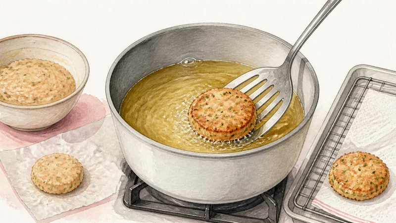 ภาพวาดการปรุงทอดมันปลา ขั้นตอนที่ 4: ทอดชิ้นทดสอบ
