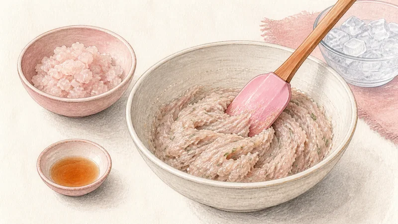 ภาพวาดการปรุงทอดมันปลา ขั้นตอนที่ 5: ปรับเนื้อดิบครั้งเดียว