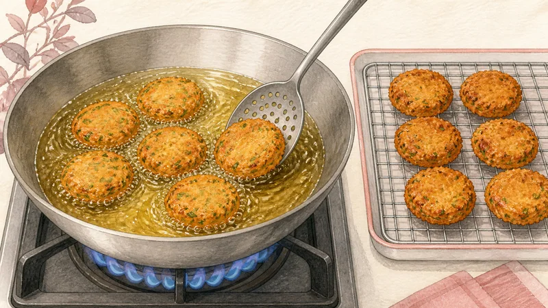 ภาพวาดการปรุงทอดมันปลา ขั้นตอนที่ 7: ทอดคงที่ 170°C