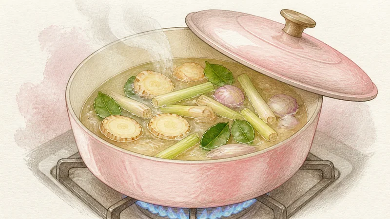 ภาพวาดการปรุงต้มข่าไก่ ขั้นตอนที่ 1: ต้มน้ำสต๊อกกับเครื่องก่อน