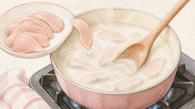 ภาพวาดการปรุงต้มข่าไก่ ขั้นตอนที่ 3: ลวกไก่ให้สุกปลอดภัย