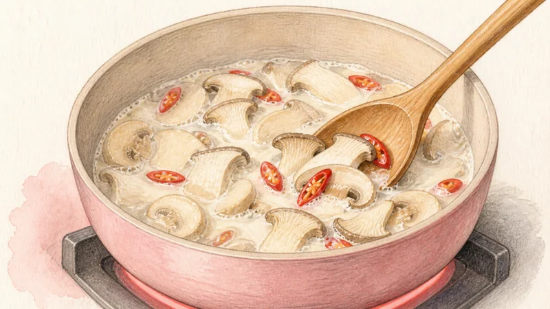 ภาพวาดการปรุงต้มข่าไก่ ขั้นตอนที่ 4: ต้มเห็ดสั้น ๆ