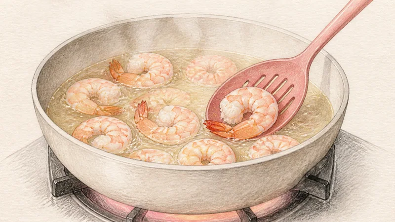맑은 똠얌꿍 5단계 '새우가 불투명할 때까지만 익히기'를 보여 주는 조리 삽화.