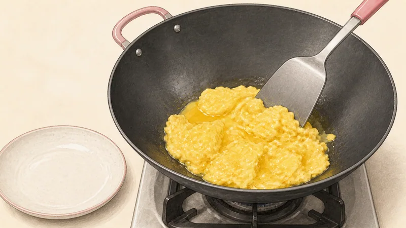 Tomato and egg stir-fry, step 4: Set the egg curds.