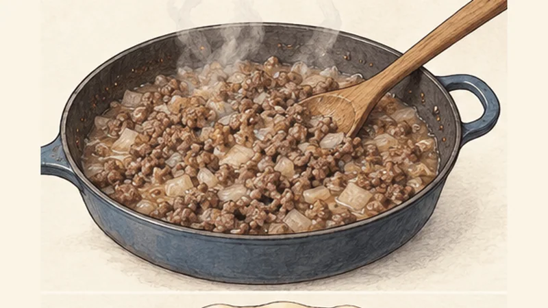 ケベック風トゥルティエールの手順1「肉のフィリングを煮る」を示す調理イラスト。