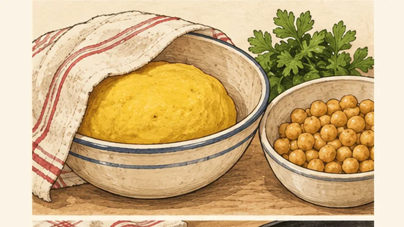 ภาพวาดการปรุงดับเบิลส์ตรินิแดด ขั้นตอนที่ 1: ผสมและพักแป้งบารา