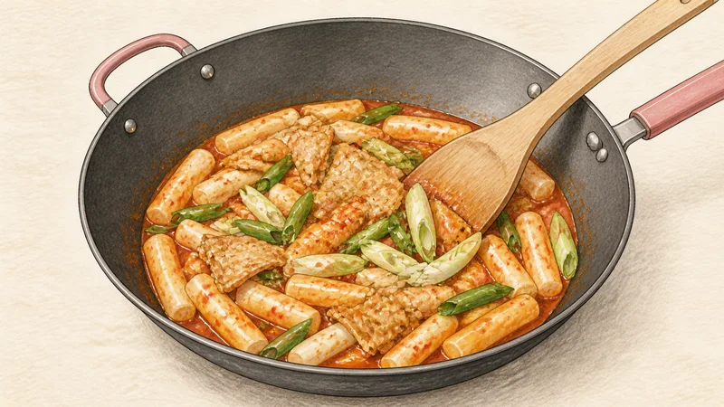 ภาพวาดการปรุงต็อกบกกี ขั้นตอนที่ 4: ใส่ลูกชิ้นปลาและต้นหอม