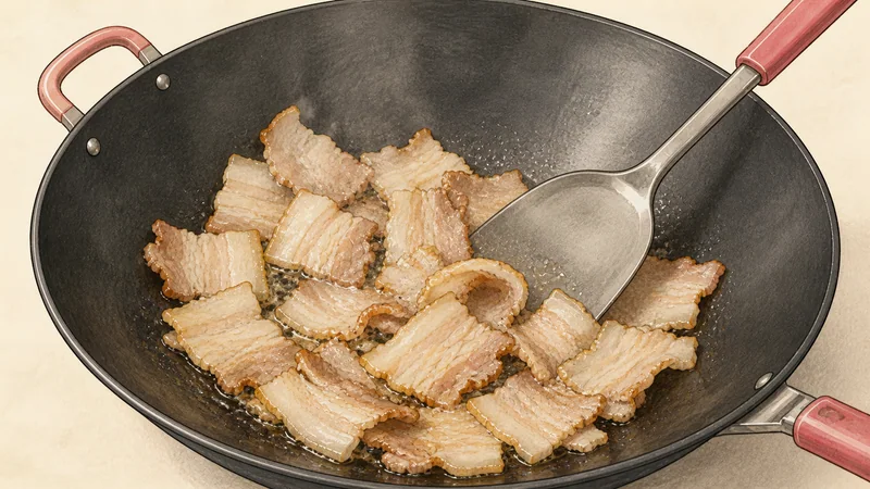 Twice-cooked pork, step 5: Render and curl the slices.