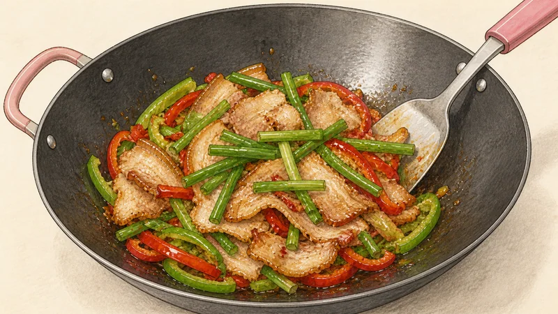 Twice-cooked pork, step 8: Wilt the garlic chives.