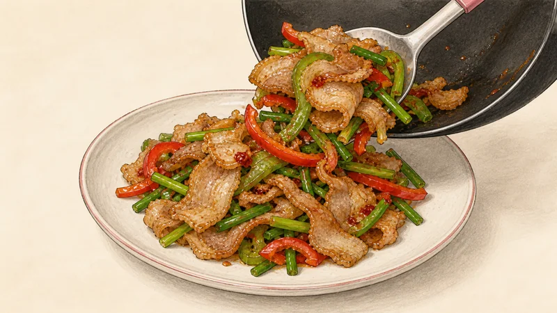 Twice-cooked pork, step 9: Serve while the edges are curled.
