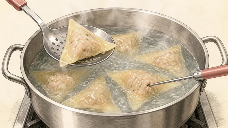 Pork-and-shrimp wonton soup, step 6: Check doneness and lift promptly.