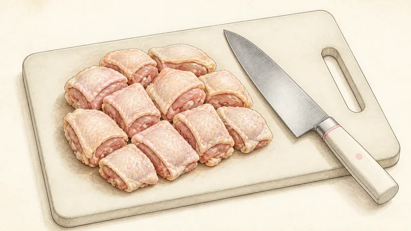 ภาพวาดการปรุงยากิโทริไก่ย่างเกลือ ขั้นตอนที่ 2: ตัดแต่งและหั่นน่องไก่
