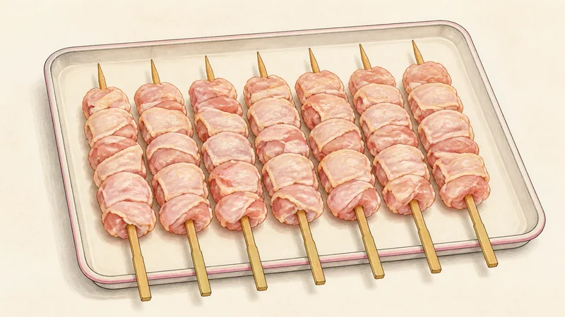 ภาพวาดการปรุงยากิโทริไก่ย่างเกลือ ขั้นตอนที่ 4: ร้อยแปดไม้