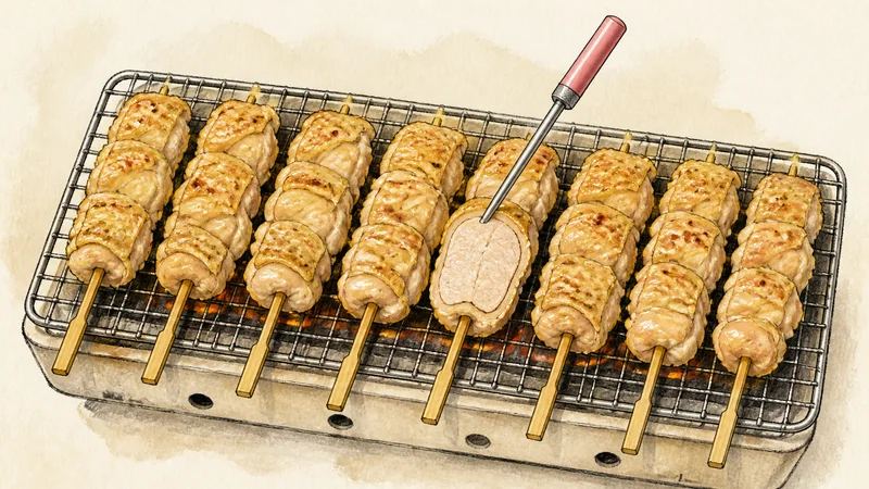 ภาพวาดการปรุงยากิโทริไก่ย่างเกลือ ขั้นตอนที่ 7: ย่างจนถึง 74°C