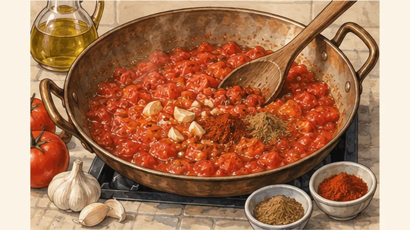 Moroccan Zaalouk Eggplant and Tomato Salad, step 2: Reduce tomato and garlic.